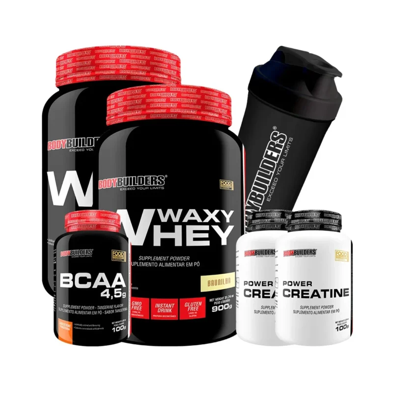 Kit x Waxy Whey Protein g x Power Creatina g BCAA g Coqueteleira Bodybuilders